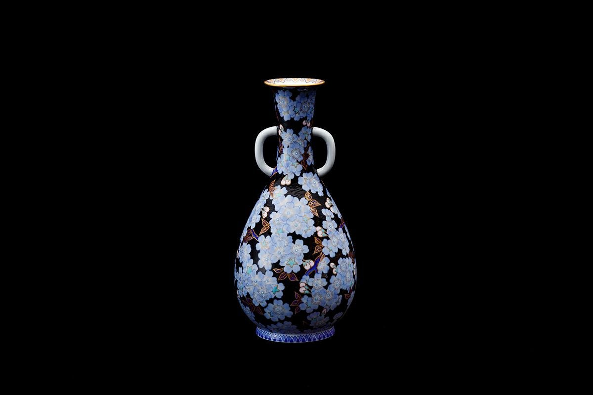 金襴手遊環付花生　湖東焼　江戸時代末期　金彩　象遊環双耳　花入　花瓶　色絵人物 色絵遊環象耳花瓶 文化遺産オンライン