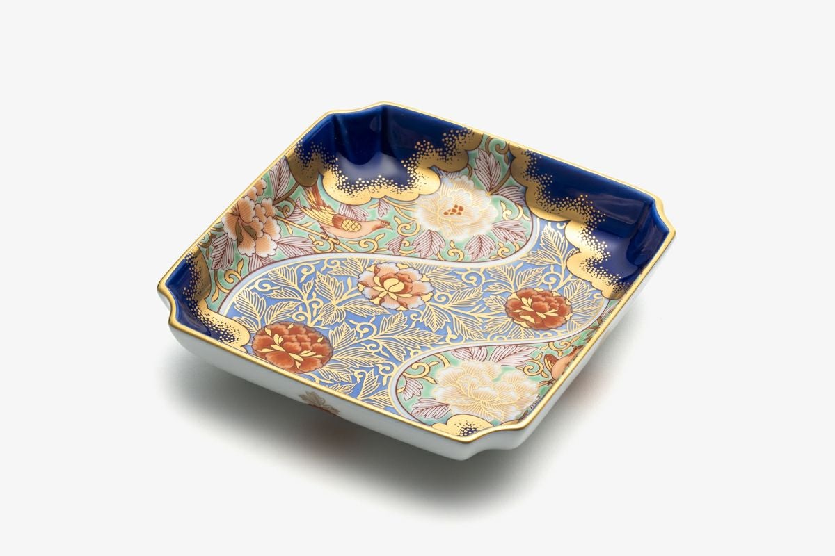 明治期 瑠璃色 金彩色絵『漢詩山水風景文』鮑型 皿 飾り皿 伊万里焼 瑠璃釉 金彩山水牡丹文 長皿 明治時代 D553 | iichi 日々の