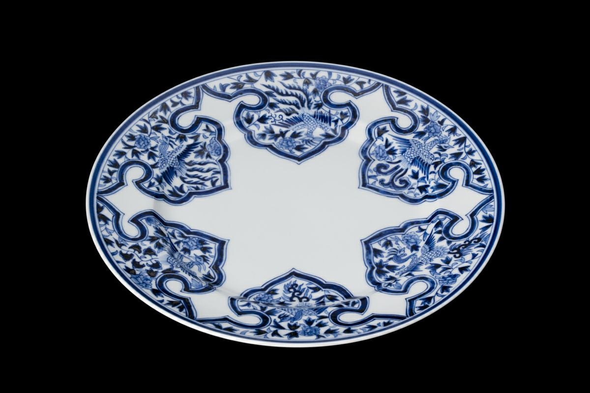 舶来古磁 青花染付 蘇麻離青釉 手絵 鳳紋花卉図 底海水紋 観賞皿 在銘 景徳鎮 青花鳳凰文大皿 【商品番号m-so002】
